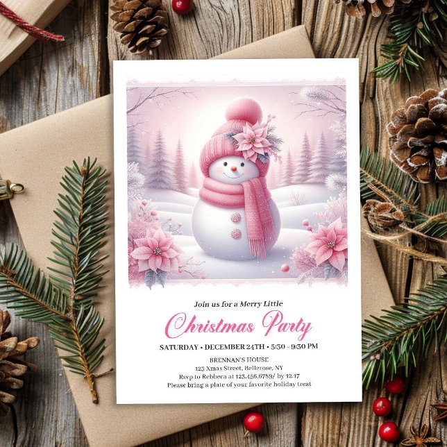 Invitation Bonhomme de neige rose enneigé Coquette Editable E (Snowy Pink Coquette Snowman Editable Kids Christmas Invite)
