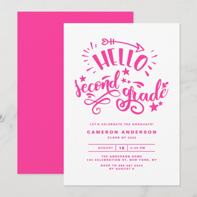 Invitation Bonjour 2e année Script Pink Graduation (Devant / Derrière)