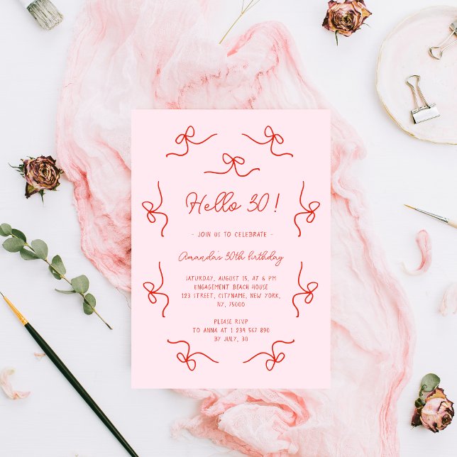 Invitation Bonjour 30 Main tiré Bows Whimsical Anniversaire f (Créateur téléchargé)