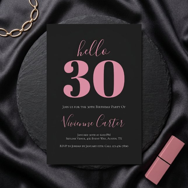 Invitation Bonjour 30 Script Rose Noir 30e Fête d'anniversair (Hello 30 Script Pink Black 30th Birthday Party Invitation)
