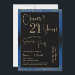 Invitation Bonjour à 21 ans Surprise Anniversaire Bleu<br><div class="desc">En utilisant deux polices distinctives, j'ai créé des graphiques pour votre faire-part et je les ai embelli avec un effet d'or faux-métallique pour une ambiance festive. Bien que chaque partie puisse être déplacée selon vos besoins, l'en-tête indique "Cheers to 21 Years !" et "Surprise Party". ("Surprise" peut être supprimé si...</div>