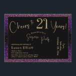 Invitation Bonjour à 21 ans Surprise Anniversaire, violet<br><div class="desc">En utilisant deux polices distinctives, j'ai créé des graphiques pour votre faire-part et je les ai embelli avec un effet d'or faux-métallique pour une ambiance festive. Bien que chaque partie puisse être déplacée selon vos besoins, l'en-tête indique "Cheers to 21 Years !" et "Surprise Party". ("Surprise" peut être supprimé si...</div>