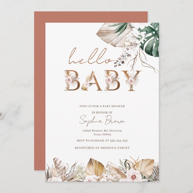 Invitation Bonjour Baby Boho Aquarelle Baby shower Floral (Devant / Derrière)