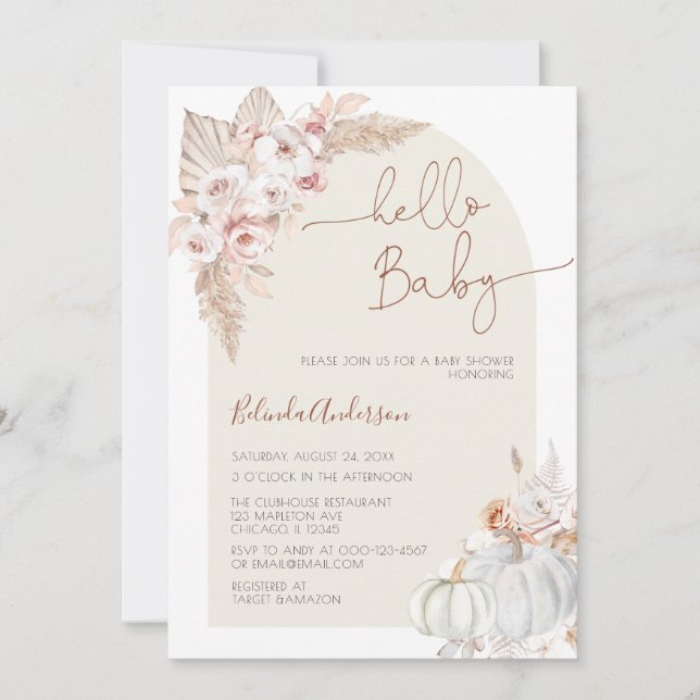 Invitation Bonjour Baby Boho Pampas Baby shower Citrouille en (Devant)