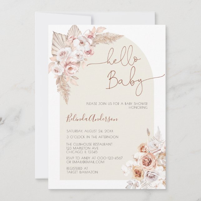 Invitation Bonjour Baby Boho Pampas Baby shower en herbe (Devant)