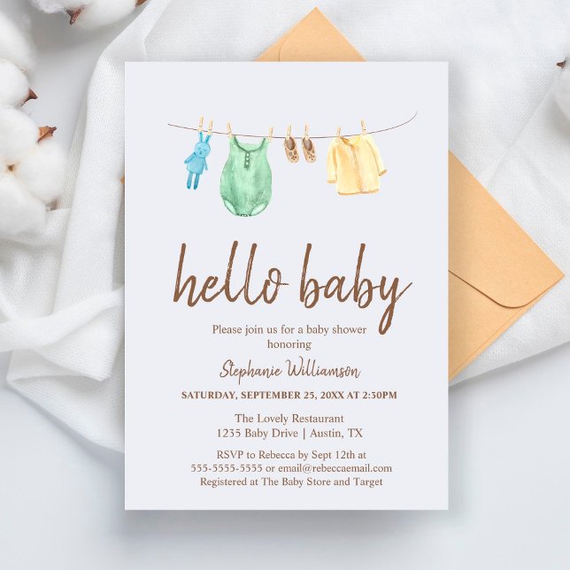 Invitation Bonjour Baby Boho Vêtements Ligne Baby shower Invi (Créateur téléchargé)
