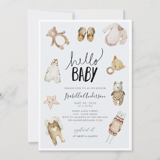 Invitation Bonjour Baby Boy Boho Blue Watercolor Baby shower (Devant)