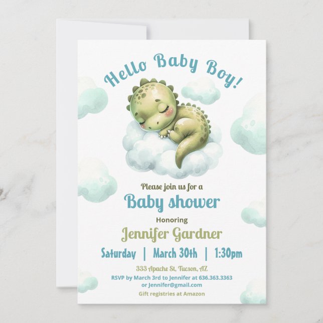 Invitation Bonjour Baby Boy Cute Dinosaur Baby shower bleu (Devant)