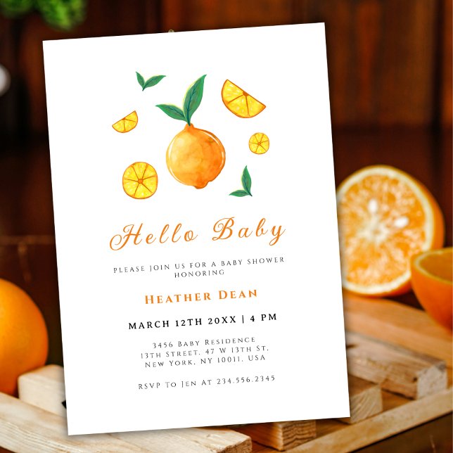 Invitation Bonjour Baby Citrus Orange Baby shower de ferme (Hello Baby Citrus Orange Farm Baby Shower Invitation)