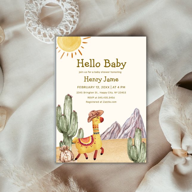 Invitation Bonjour Baby Desert Cactus Llama Cowboy Baby showe (Hello Baby Desert Cactus Llama Cowboy Baby Shower Invitation)