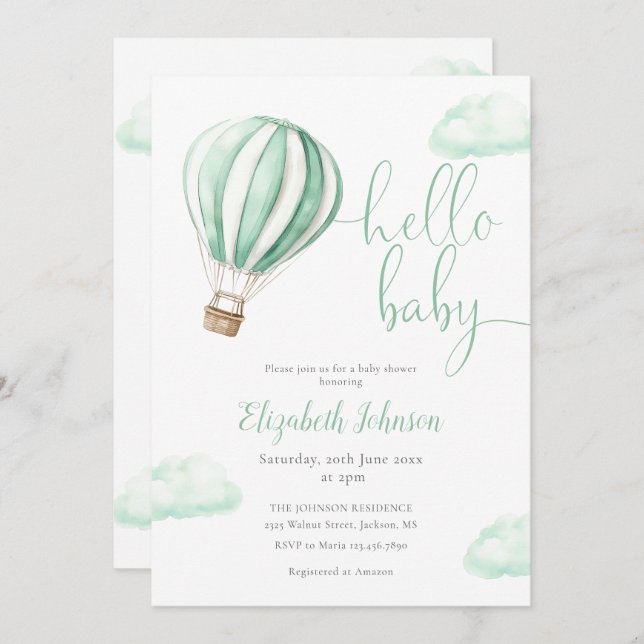 Invitation Bonjour Baby Hot Air Balloon Baby shower neutre (Devant / Derrière)