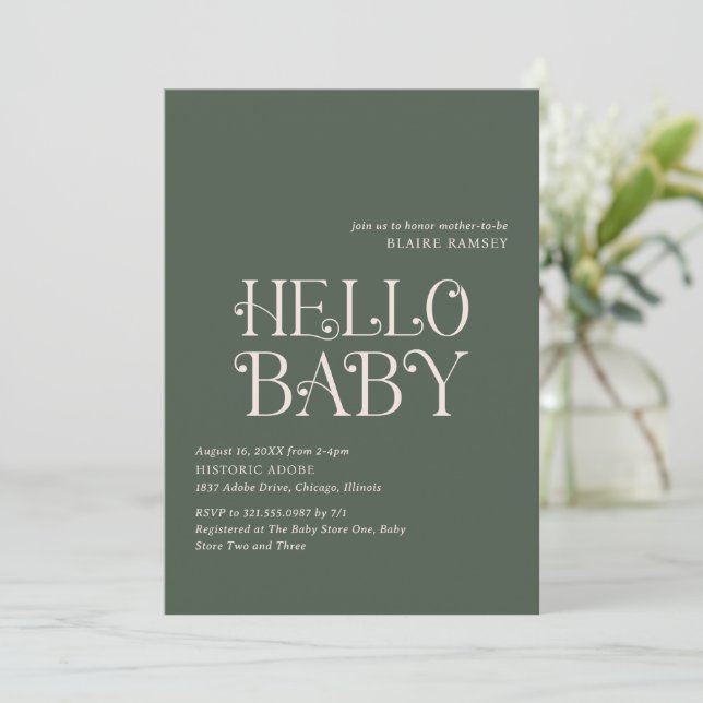 Invitation Bonjour Baby Moss Green Baby shower moderne (Debout devant)