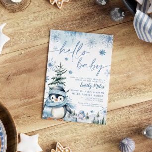 Invitation Bonjour Baby Penguin, baby shower bleu hiver