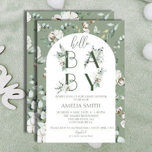 Invitation Bonjour Baby Shower Genre Neutre Bohème Vert Sage