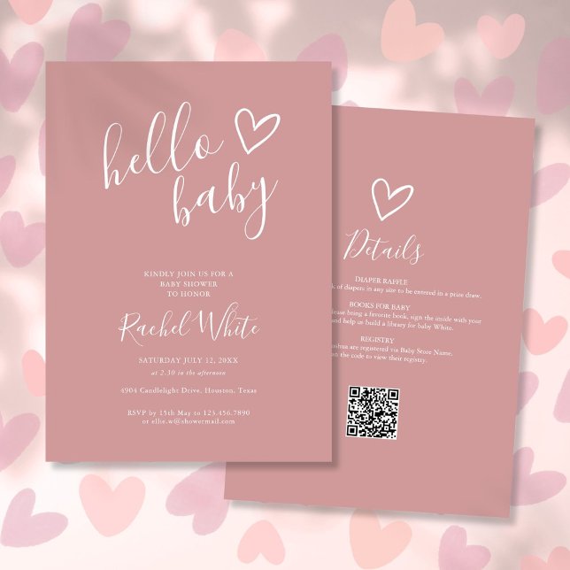 Invitation Bonjour Baby Shower Tout en Un Rose Poussiéreux (Hello Baby Shower All In One Dusty Rose Pink Invitation)