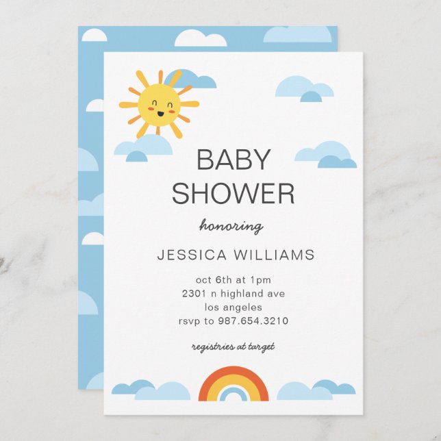 Invitation Bonjour Baby Sun Nuds Rainbow Baby shower Invitati (Devant / Derrière)