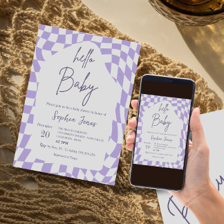 Invitation Bonjour bébé À damiers pourpre En vichy | BABY SHO