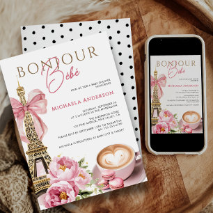 Invitation Bonjour Bébé Aquarelle Coquette Bow Baby shower