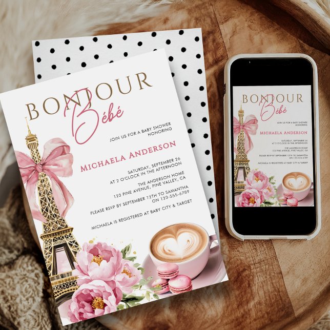 Invitation Bonjour Bébé Aquarelle Coquette Bow Baby shower (Créateur téléchargé)