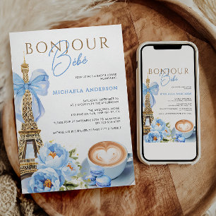 Invitation Bonjour Bébé Aquarelle Coquette Bow Baby shower I