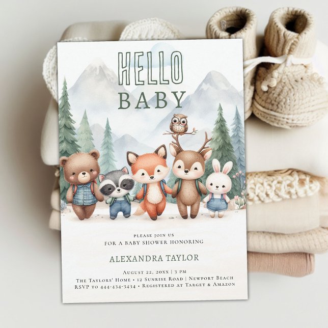 Invitation Bonjour Bébé Aventure Bois Animaux Baby shower (woodland adventure gender neutral baby shower invitation mountain forest cute animals hiking treck)