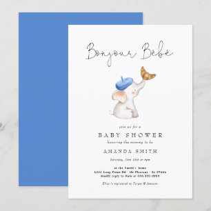 Invitation Bonjour Bebe Baby shower bleu éléphant français