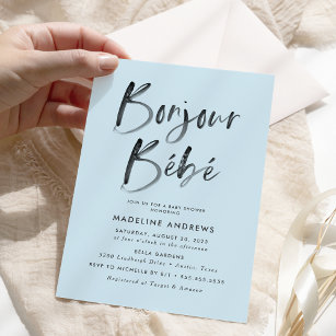Invitation Bonjour Bebe Baby shower bleu français