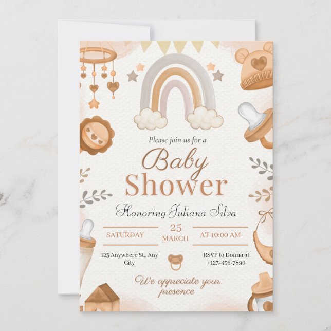Invitation Bonjour bébé | Baby shower d'aquarelle neutre Invi (Devant)
