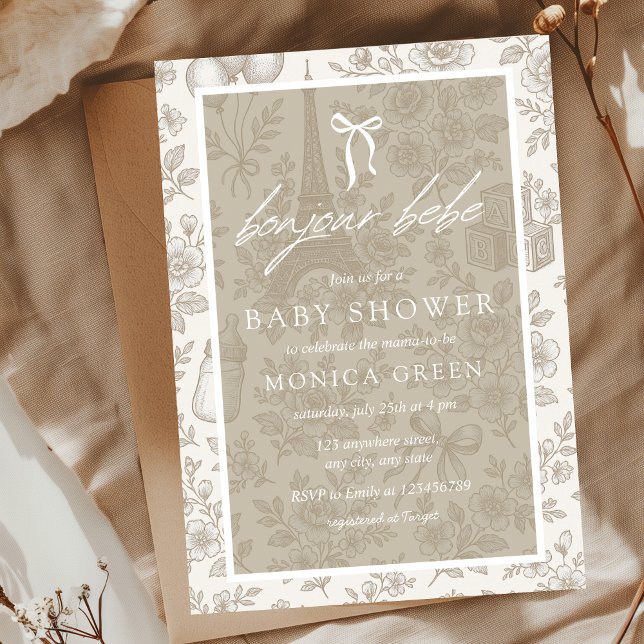 Invitation Bonjour Bebe Beige Neutra Toile Baby shower frança (Bonjour Bebe French Inspired Baby Shower Invitation Toile de Jouy Chinoiserie)