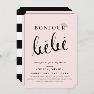 Invitation Bonjour Bebe Beret Baby shower moderne fille rose