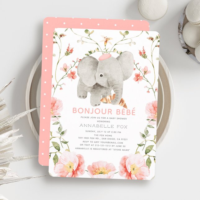 Invitation Bonjour Bébé Beret rose Baby shower éléphant (Créateur téléchargé)