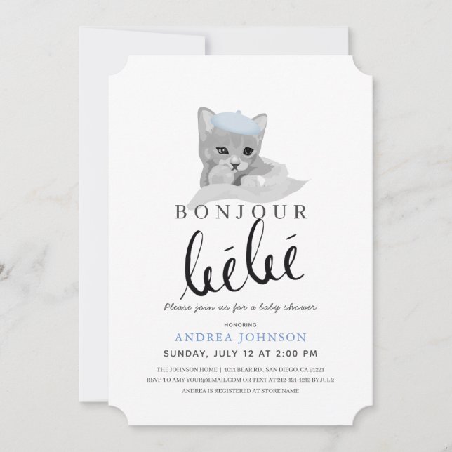 Invitation Bonjour Bebe Bleu Béet Baby shower de chat (Devant)