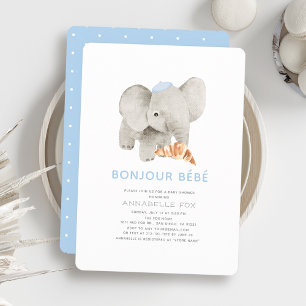 Invitation Bonjour Bébé Bleu Beret Baby shower éléphant