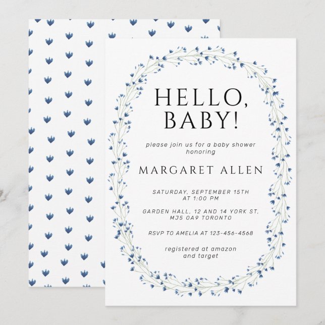 Invitation Bonjour Bébé Bleu Fleur sauvage Baby shower botani (Devant / Derrière)