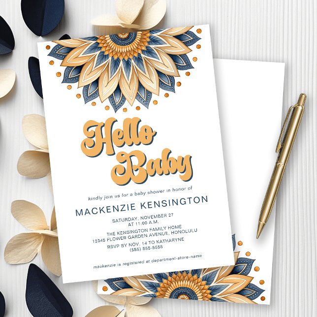 Invitation Bonjour Bébé Bleu Or Rétro Hippie Baby shower (Hello Baby! Navy Blue and Gold Boho Sunflower Baby Shower Invitation)