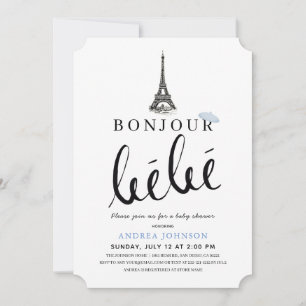 Invitation Bonjour Bebe Blue Beret Baby shower Tour Eiffel