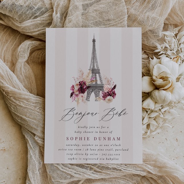 Invitation Bonjour Bébé Blush Stripe Paris Baby shower (Créateur téléchargé)