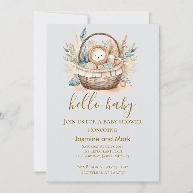 Invitation Bonjour Bébé Bohème Panier Ours Neutre (Devant)