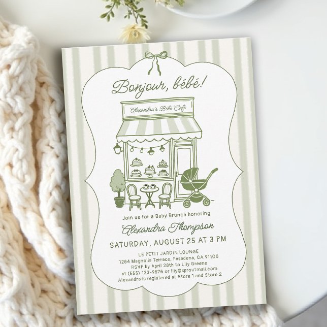 Invitation Bonjour Bebe Café Brunch Bébé Fait Son Apparition (baby shower brunch invitation coffee theme brewing olive green bistro hand drawn paris bistro)