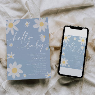 Invitation Bonjour bébé Dusty Baby shower bleu marguerite
