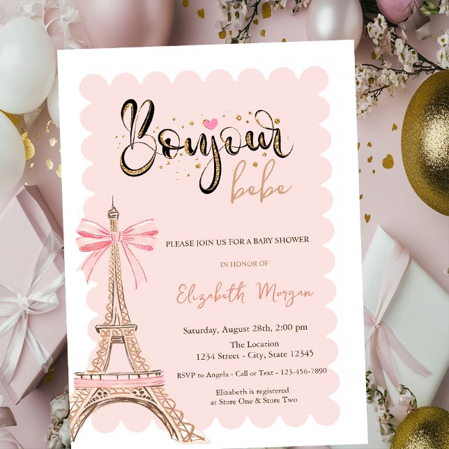 Invitation Bonjour Bébé Eiffel Tower Bow Striped Baby Shower (Créateur téléchargé)