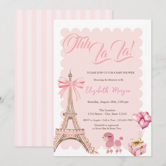 Invitation Bonjour Bébé Eiffel Tower Bow Striped Baby Shower (Devant / Derrière)