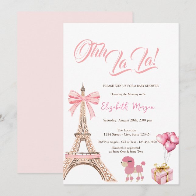 Invitation Bonjour Bébé Eiffel Tower Pink Bow  Present Poodle (Devant / Derrière)