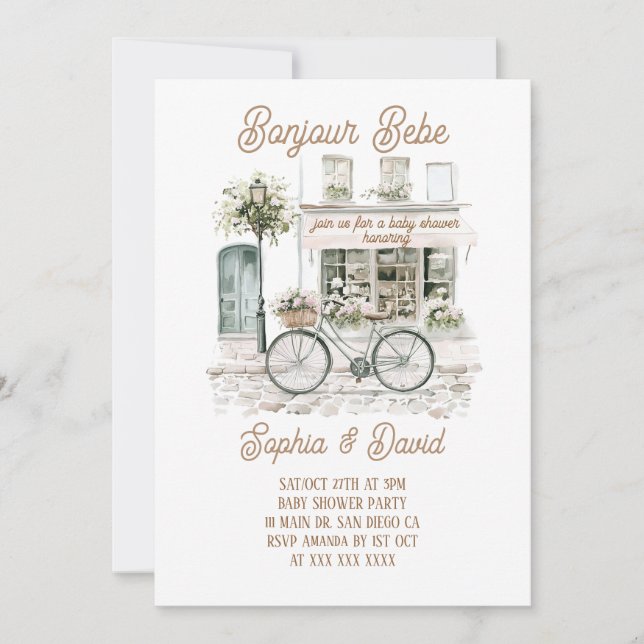 Invitation Bonjour Bebe Floral Baby shower français (Devant)
