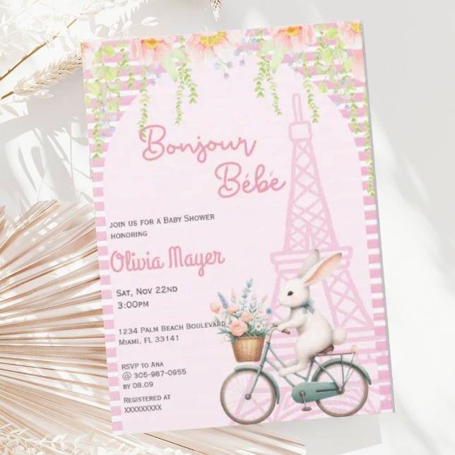 Invitation Bonjour Bebe Français Paris Baby shower lapin rose (Créateur téléchargé)