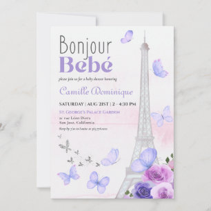 Invitation Bonjour Bebé French Eiffel Lavender Papillons