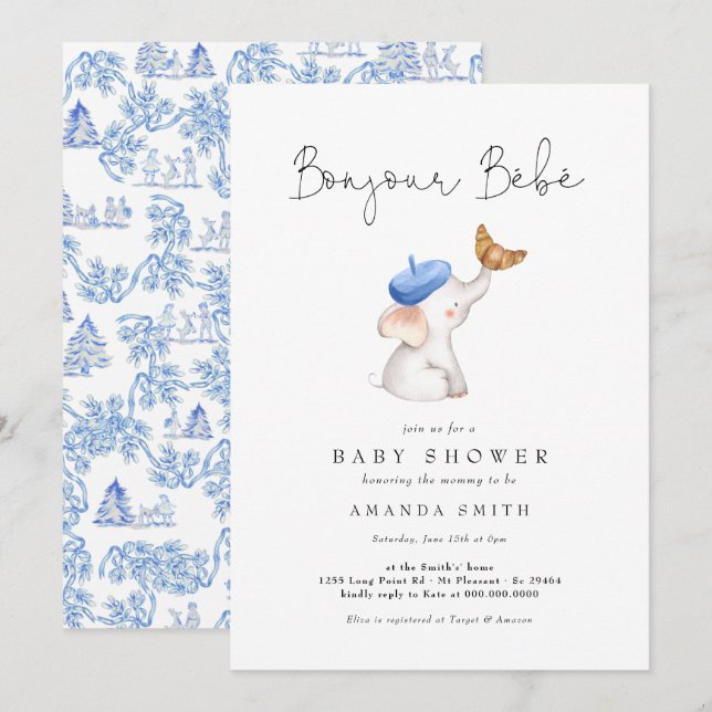 Invitation Bonjour Bebe French Elephant Baby Boy Douche Toile (Devant / Derrière)