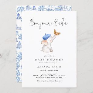 Invitation Bonjour Bebe French Elephant Baby Boy Douche Toile