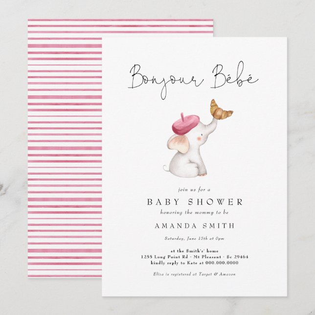 Invitation Bonjour Bebe French Elephant Baby Girl Show rose (Devant / Derrière)