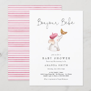Invitation Bonjour Bebe French Elephant Baby Girl Show rose